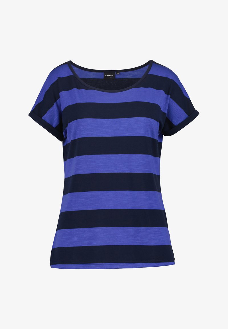 Blau- und marinegestreiftes Kurzarm-T-Shirt mit Rundhalsausschnitt, aus einem weichen, leichten Stoff gefertigt. Mit umgeschlagenen Ärmelkanten.