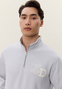 Giovane uomo con capelli scuri che indossa una felpa grigio chiaro con cerniera a un quarto e logo "LD" sul petto, rivolto in avanti su uno sfondo uniforme.