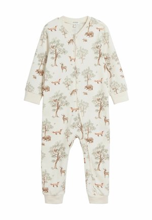 Body en coton à manches longues pour bébé, crème, avec un imprimé nature comportant des arbres et des animaux dans des tons de terre doux. Fermeture éclair et poignets ajustés.