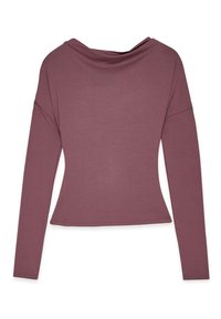 Långärmad topp i dammig ros, med en cowl-neck, åtsittande silhuett och mjukt, elastiskt tyg. Sömmen är sömlös längs nederkant och ärmslut.