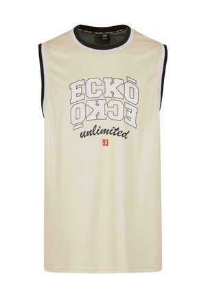 Camiseta sin mangas de jersey beige con acentos en negro y blanco. Presenta un gran texto gráfico "ECKŌ UNLIMITED 93" en la parte frontal. Tejido suave y transpirable.