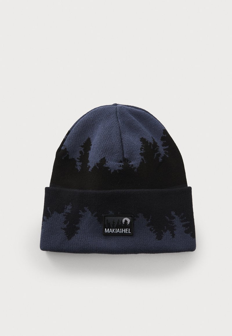 Knit beanie in dark navy and black with tree silhouette pattern. Features a folded cuff and a "MAKIA&HEL" label on the front.