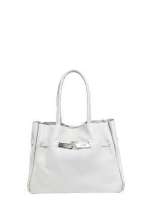 Sac à main en cuir blanc avec double poignée et détail de fermoir argenté au centre, texture lisse et forme structurée.