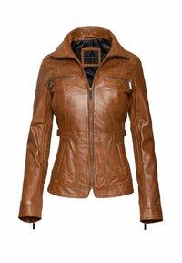 Bruine leren jas met een aansluitend ontwerp, gestructureerde kraag en ritszakken. Heeft stikdetails en een gladde textuur.