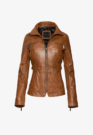 Bruine leren jas met een aansluitend ontwerp, gestructureerde kraag en ritszakken. Heeft stikdetails en een gladde textuur.