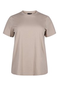 Camiseta de manga corta beige hecha de una tela suave. Cuello redondo clásico, corte suelto y detalles mínimos. Textura suave sin patrones.