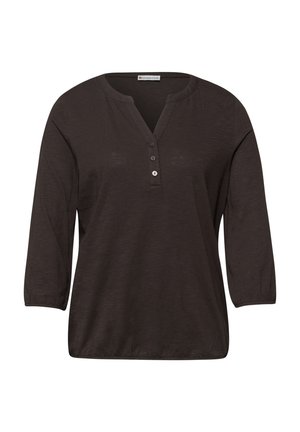 Dunkelbraune Damenbluse mit langen Ärmeln, Rundhalsausschnitt, drei Knöpfen am Ausschnitt sowie elastischen Bündchen und Saum.