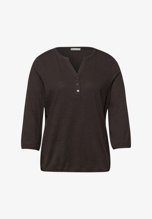 Dunkelbraune Damenbluse mit langen Ärmeln, Rundhalsausschnitt, drei Knöpfen am Ausschnitt sowie elastischen Bündchen und Saum.