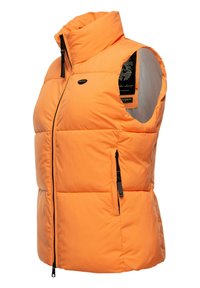 Padded orange vest with high collar, front zipper, and side pockets. Features black accents and logo on the left chest. Smooth texture.