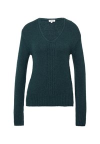 Dunkelgrüner, gestrickter V-Ausschnitt-Pullover mit langen Ärmeln sowie Rippbündchen und Saum, der ein strukturiertes Muster auf der Vorderseite aufweist.
