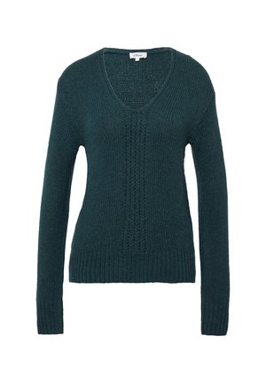 Suéter de punto verde oscuro de cuello en V con mangas largas, puños y dobladillo acanalados, que presenta un patrón texturizado en el frente.