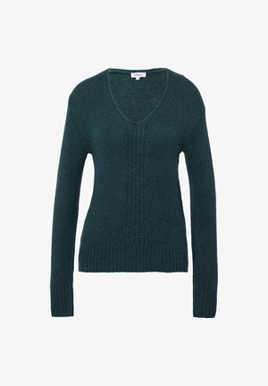 Pull en V en maille vert foncé avec manches longues et bords côtelés, présentant un motif texturé sur le devant.