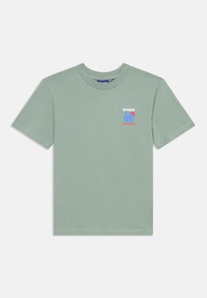 Light green short-sleeve t-shirt, made of cotton. Features a printed blue and red graphic on the left chest area. Classic crew neck design.