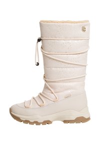 Bottes de neige blanches hauteur genoux avec une finition texturée, doublure en polaire douce, lacets ajustables et semelle en caoutchouc pour une meilleure adhérence.
