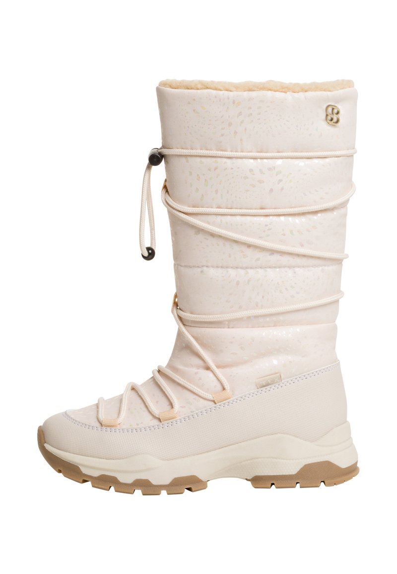 Bottes de neige blanches hauteur genoux avec une finition texturée, doublure en polaire douce, lacets ajustables et semelle en caoutchouc pour une meilleure adhérence.