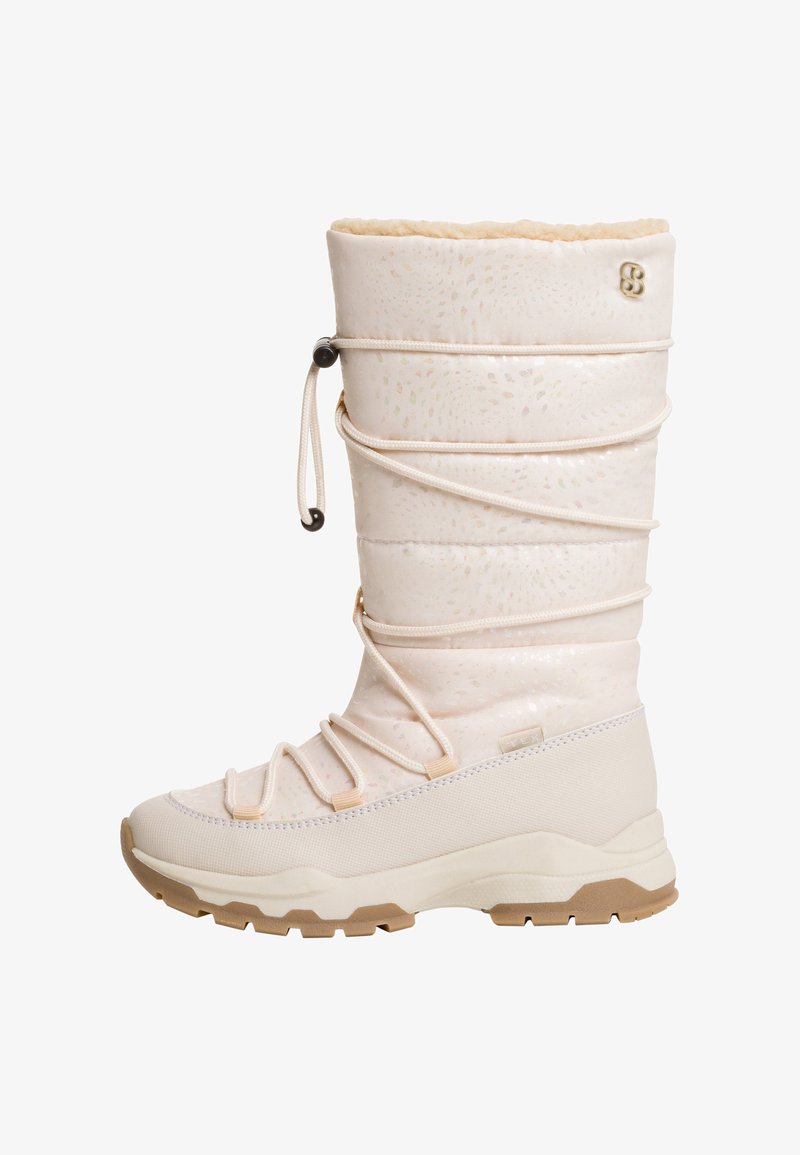 Bottes de neige blanches hauteur genoux avec une finition texturée, doublure en polaire douce, lacets ajustables et semelle en caoutchouc pour une meilleure adhérence.