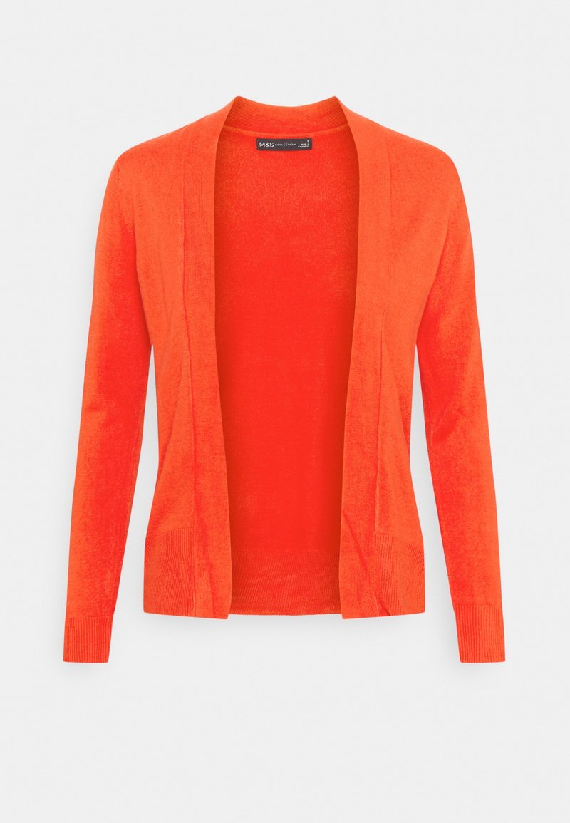 Oranje gebreide cardigan met een open voorkant, lange mouwen en een gladde textuur. Eenvoudig ontwerp, geen patronen, ribbel manchetten en zoom.
