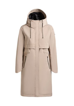 Langer beiger Wintermantel mit Kapuze, schwarzer Innenfütterung, Reißverschluss vorne, verstellbaren Kapuzenkordeln und Reißverschlusstaschen an den Seiten.