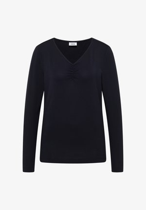 Top nero a maniche lunghe con scollatura a V e dettagli arricciati al centro davanti. Tessuto morbido con una texture liscia.