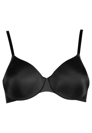 Black satin padded bra with adjustable straps and seamless cups, featuring a smooth texture and simple design without embellishments.