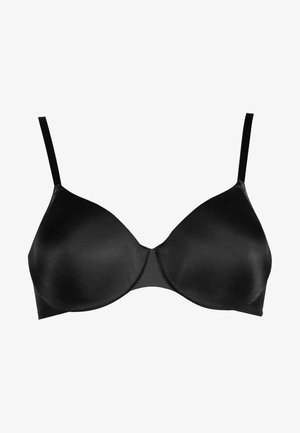 Black satin padded bra with adjustable straps and seamless cups, featuring a smooth texture and simple design without embellishments.
