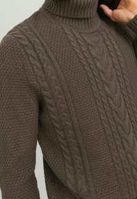 Brązowy sweter dziany z wysokim prążkowanym kołnierzem, z wzorem w warkocz na przodzie oraz teksturowanym materiałem w całej konstrukcji.