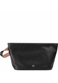 Sac fourre-tout en cuir noir avec une texture lisse, une forme effilée et une anse marron clair. Présente un logo discret sur le devant.