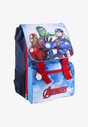 Marvel Avengers backpack featuring a blue and red design, comic character prints on the flap, with a front zip pocket and mesh side pocket.