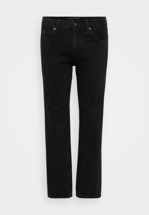 Schwarze Jeans aus Denim mit geradem Bein, ausgestattet mit fünf Taschen, einem Knopf- und Reißverschluss sowie einer klassischen Taille in mittlerer Höhe.