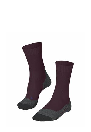Burgundy crew socks with gray cushioned soles, ribbed cuffs, and reinforced heel. Lightweight, breathable material for comfort.