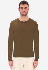 Maglione marrone a maniche lunghe in un morbido tessuto lavorato a maglia, con scollo rotondo e polsini a coste, caratterizzato da una vestibilità rilassata e un design minimale.