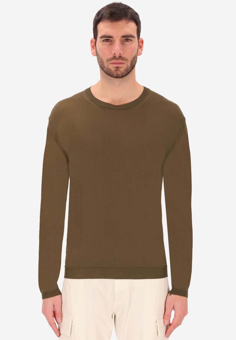 Maglione marrone a maniche lunghe in un morbido tessuto lavorato a maglia, con scollo rotondo e polsini a coste, caratterizzato da una vestibilità rilassata e un design minimale.