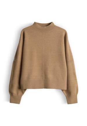 Bruine gebreide trui met een hoge hals, cropped design, vallende schouders en geribbelde manchetten en zoom. Gemaakt van zacht, getextureerd materiaal.