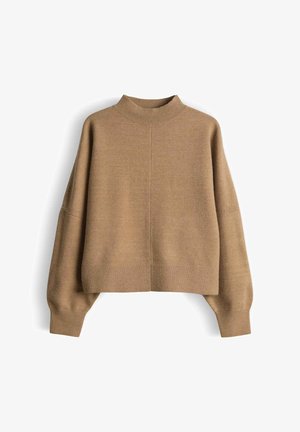 Bruine gebreide trui met een hoge hals, cropped design, vallende schouders en geribbelde manchetten en zoom. Gemaakt van zacht, getextureerd materiaal.