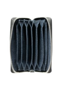 Black zippered wallet interior with eight navy fabric compartments, featuring a silver zipper and a smooth textured lining.