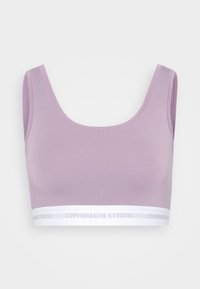 Lavender cotton bralette with a scoop neckline, wide straps, and a white elastic band featuring "Copenhagen Studios" text.