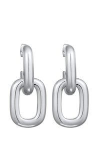 Silberfarbene Metallohrringe mit verbundenen ovalen und quadratischen Formen. Glatte, glänzende Oberfläche mit abgerundeten Kanten und minimalistischem Design.