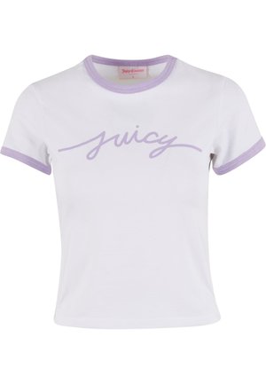 Bílý bavlněný tričko s krátkými rukávy a výstřihem v purpurové barvě. Na hrudi má nápis v kurzívě "juicy" v purpurové barvě.