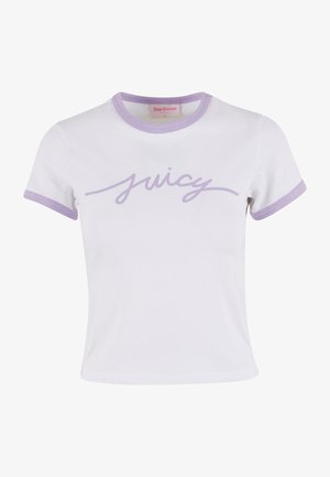 Witte katoenen T-shirt met korte mouwen en paarse randen bij de mouwen en de hals. Heeft een cursieve "juicy" logo in het paars over de borst.