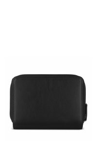 Portafoglio in pelle nera con una superficie liscia, forma rettangolare e chiusura con zip sulla parte superiore. Nessun motivo visibile o dettagli in metallo.