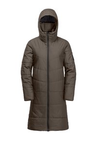 Cappotto imbottito fino al ginocchio di colore marrone scuro, con colletto alto, chiusura a zip e cappuccio. Texture liscia con un motivo cucito.