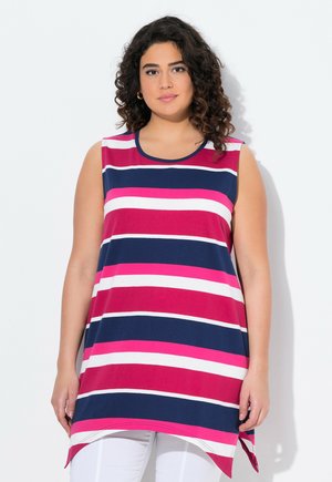Túnica sin mangas con cuello redondo, que presenta rayas horizontales en azul marino, rosa y blanco. Dobladillo redondeado con aberturas en los laterales. Fabricada en tejido suave.