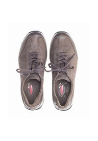 Brown suede lace-up shoes with rounded toe, contrasting stitching, and cushioned insole; flexible rubber sole with grip texture.