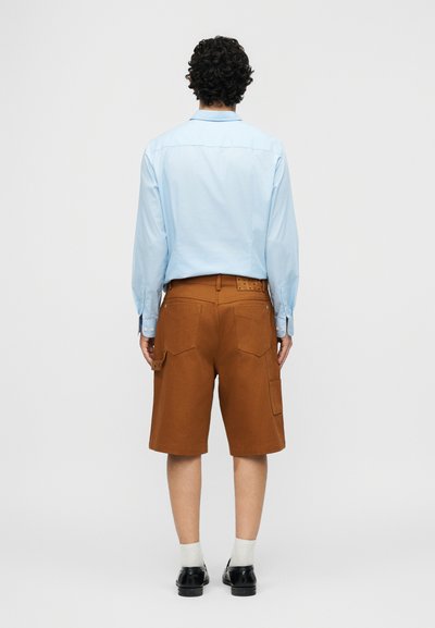 Άτομο με σγουρά μαλλιά που φορά ανοιχτό μπλε πουκάμισο με μακρύ μανίκι, καφέ σορτς μέχρι το γόνατο, λευκές κάλτσες και μαύρα παπούτσια, με την πλάτη γυρισμένη.