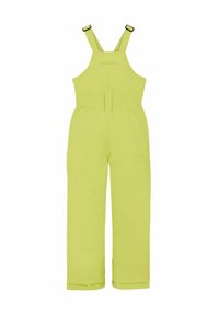 Felle gele overalls gemaakt van zacht materiaal, met verstelbare schouderbanden, een elastische taille en brede beenopeningen.