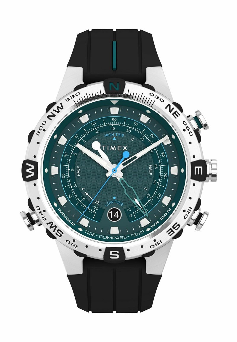 Timex ručni sat s tirkiznim brojčanikom, srebrnim okvirom i crnim silikonskim remenom; sadrži funkcije plime, kompasa i temperature.