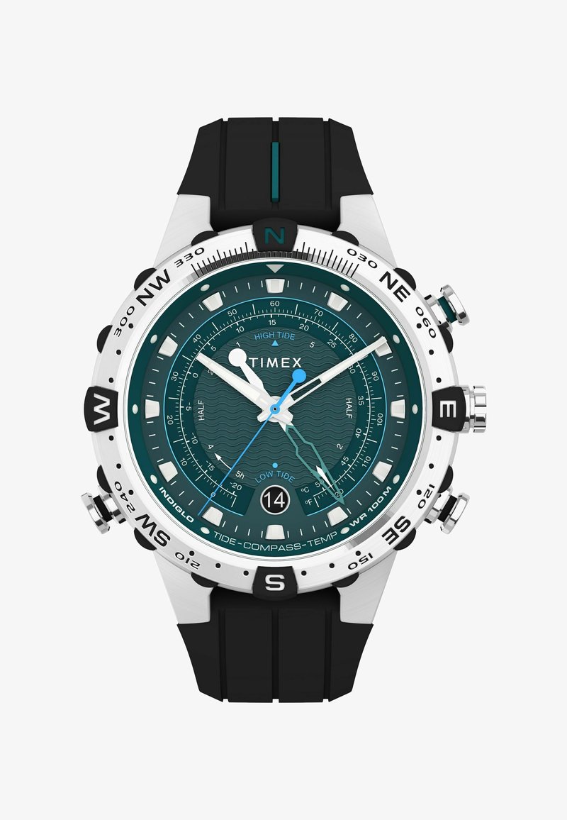 Timex-Armbanduhr mit tealfarbenem Zifferblatt, silberner Lünette und schwarzem Silikonarmband; verfügt über Gezeiten-, Kompass- und Temperaturfunktionen.
