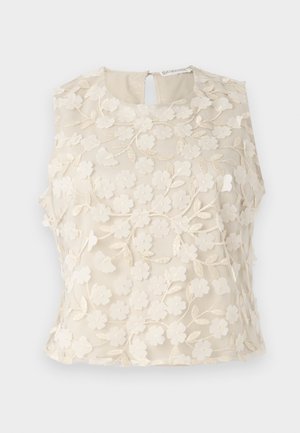 Cream sleeveless top with floral embroidery, featuring a round neckline and keyhole back. Sheer fabric with delicate detailing and texture.