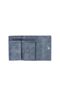 Blue leather wallet with multiple card slots, a zippered pocket, and a snap closure, featuring a smooth texture and subtle branding.