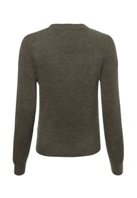 Grüner Strickpullover mit langen Ärmeln, rundem Ausschnitt und einer strukturierten Oberfläche. Der Rücken weist ein nahtloses Design und eine figurbetonte Silhouette auf.